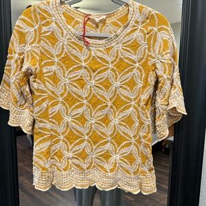 Solitaire Golden Yellow and Cream Embroidered Blouse